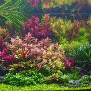 May include: An aquarium filled with a variety of aquatic plants, displaying a rich tapestry of colours. The image presents a vibrant mix of green, red, and pink plants, arranged to mimic a natural underwater environment. The plants exhibit diverse textures and forms.