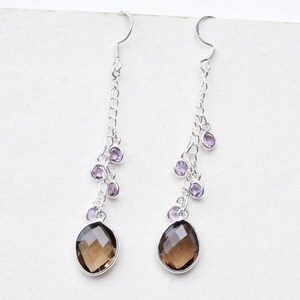 Smoky Quartz Amethyst Earrings: 925 Sterling Silver Pear Gemstone