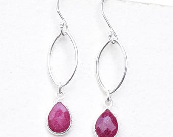 Ruby Corundum Pear Drop Earrings: 925 Sterling Silver Bezel Setting