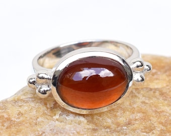 Sterling Silver Hessonite Garnet Ring: Handmade Oval Gemstone, Size 8