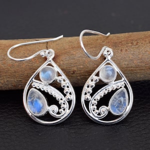 Natürlicher Mondstein Ohrring, 925 Sterling Silber Regenbogen Mondstein Ohrring, Tropfenohrring Handgemachter Silber Ohrring-E05
