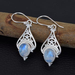 Natürlicher Mondstein Ohrring, 925 Sterling Silber Regenbogen Mondstein Ohrring, Handgemachter Tropfen Ohrring Silber Ohrring-E011