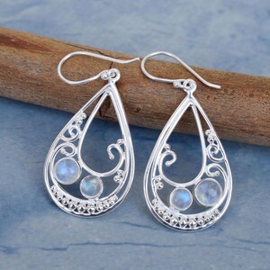 Einzigartiger Silber Ohrring, Natürlicher Mondstein Ohrring, 925 Sterling Silber Regenbogen Mondstein Ohrring, Handgemachter Silber Ohrring-E03