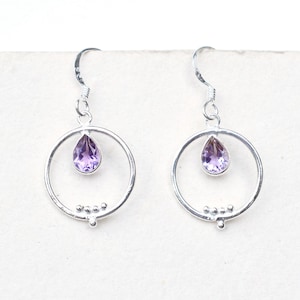Handcrafted Amethyst Sterling Silver Earrings: Bezel Set Pear Gemstone