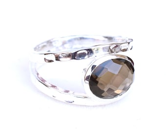 Smoky Quartz Ring: Hammered Sterling Silver, Size 8