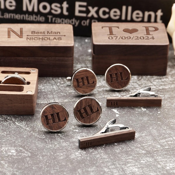 Groomsmen Gifts, Personalized Wooden Cufflinks, Wooden Cuff Links Set, Groomsman Proposal, Engraved Wooden Cufflink & Tie Clip, Cufflinks