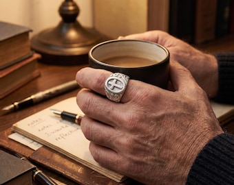 Custom Engraved Sterling Silver Cross Signet Ring, Personalized Christian Faith Ring for Men