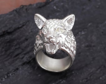 925 Sterling Silver Wolf Head Ring, 3D Animal Jewelry, Heavy Ring For Men