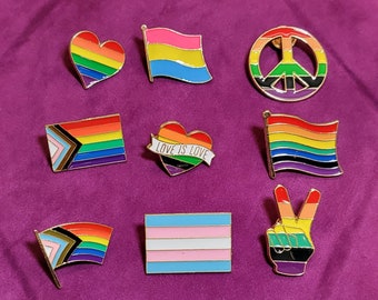 LGBTQ+ Pride Pins | Enamel Rainbow/Pride pins with trans pin | Pride month pins | Progress pride and equal rights pins.
