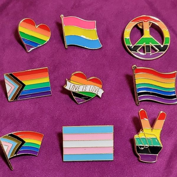 LGBTQ+ Pride Pins | Enamel Rainbow/Pride pins with trans pin | Pride month pins | Progress pride and equal rights pins.