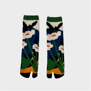 May include: A pair of black, white, green, blue and orange tabi socks with a floral and bird design.