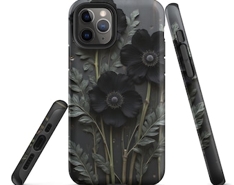 【Iphone15】カシュ―フラワープリント ブラック Black Floral Print Flower Phone Case for iPhone 17 16 15 14 13 12