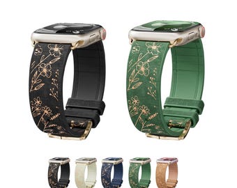 Boho Floral Leather Watch Band for Apple Watch Flower Print Silicone Watch Straps for Women iWatch Bands 42mm 44mm 45mm 49mm 38mm 40mm 41mm