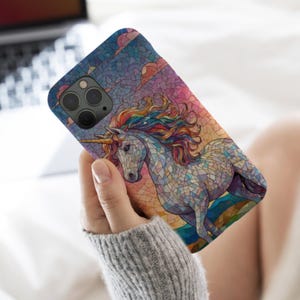 Einhorn Mosaik iPhone Hülle Bunte Glasmalerei MagSafe Cover für iPhone 16 15 14 13 Pro Max Klar Tough Künstlerisch Einzigartige Tier Handyhülle