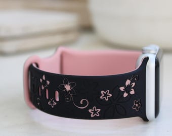 Two Toned Floral Silicone Watch Band for Apple, Wild Flowers Engraved Pattern iwatch Series 1 2 3 4 5 6 7, Black and Pink Wrist Band Women