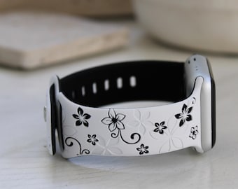 Flower Silicone Watch Band for Apple Black and White Wild Flowers Engraved Pattern Sports iwatch Wrist Strap 42mm 41mm 40mm 44mm 45mm 49mm