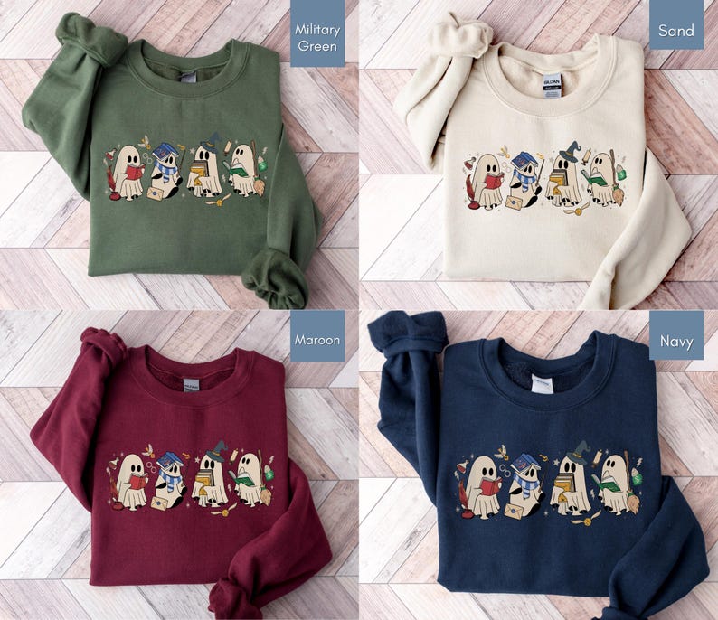 Halloween sweatshirt featuring a cute reading ghosts dressed as wizard houses, perfect for spooky season. This wizard shirt doubles as a fun wizarding school tee or Halloween tee, ideal for Halloween matching, family trips, or Halloween group outfits with a magical twist.