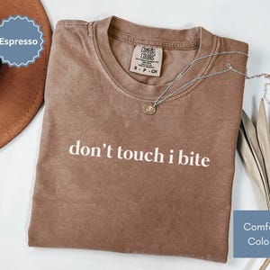 以下が含まれることがあります： 「don't touch i bite」の白い文字がプリントされたエスプレッソカラーのTシャツ。クルーネックと半袖です。小さなペンダントが付いたシルバーのネックレスがTシャツの上にかけられています。