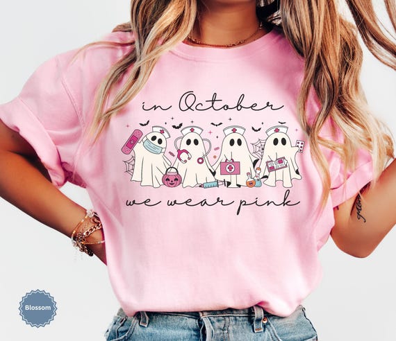 In October We Wear Pink Ghost Nurse Halloween Shirt, Oncology Nurse Tee, Breast Cancer Awareness Tshirt, Cute Nurse Tshirt Pink Ribbon Shirt