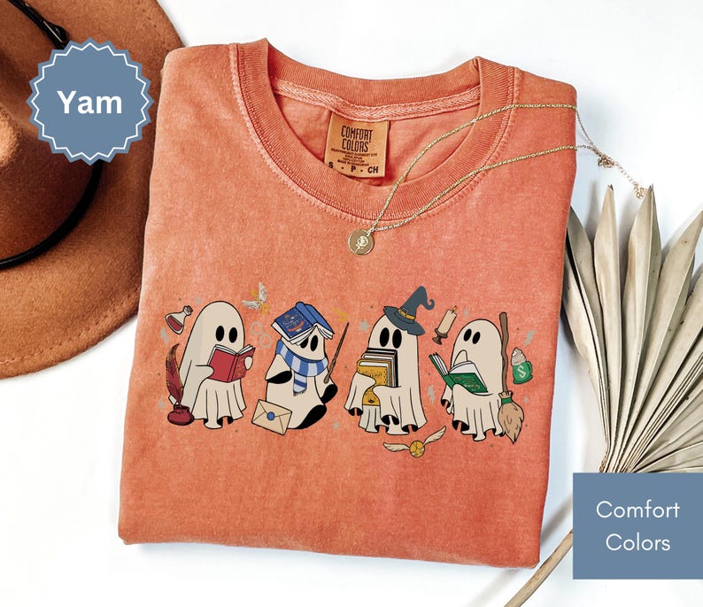 Halloween shirt featuring a cute reading ghosts dressed as wizard houses, perfect for spooky season. This wizard shirt doubles as a fun wizarding school tee or Halloween tee, ideal for Halloween matching, family trips, or Halloween group outfits with a magical twist.