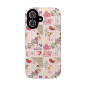 Telefonskal med vintage-lappmönster och blommigt rådjur | iPhoneskal med rosa collage