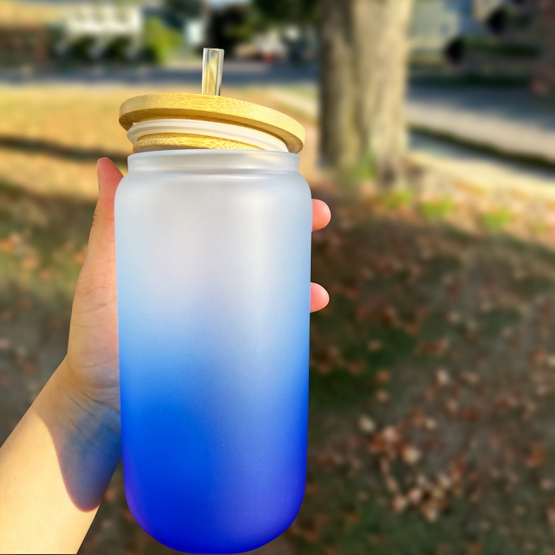 16OZ Cute Glass Bamboo Lid Drinking Cup with Straw Gifts for her Reusable Wide Mouth Tumbler for Iced Coffee Smoothie Juice Cocktail Dark Blue