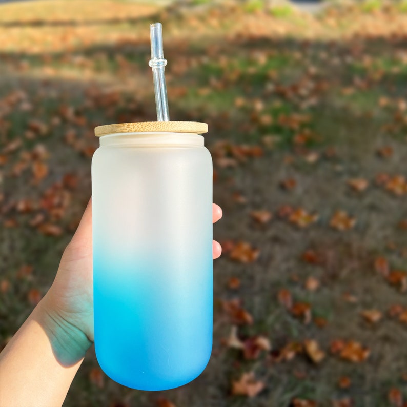 16OZ Cute Glass Bamboo Lid Drinking Cup with Straw Gifts for her Reusable Wide Mouth Tumbler for Iced Coffee Smoothie Juice Cocktail Blue