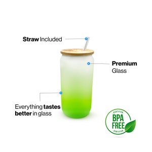16OZ Cute Glass Bamboo Lid Drinking Cup with Straw Gifts for her Reusable Wide Mouth Tumbler for Iced Coffee Smoothie Juice Cocktail Green