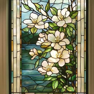 Custom Size White Magnolia Stained Glass Window Film Elegant Floral Design for Privacy Sunlight Filtering and Home Decor in Living Rooms