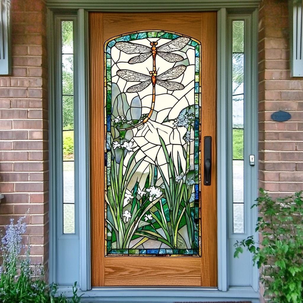 Window Enterances Custom Size Dragonfly Stained Glass Window Film With Floral Design ...