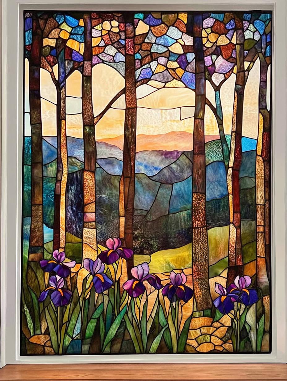 Custom Size Nature-Inspired Stained Glass Window Film Vibrant Forest Scene with Sunset Mountains and Irises for Privacy and Artistic Decor