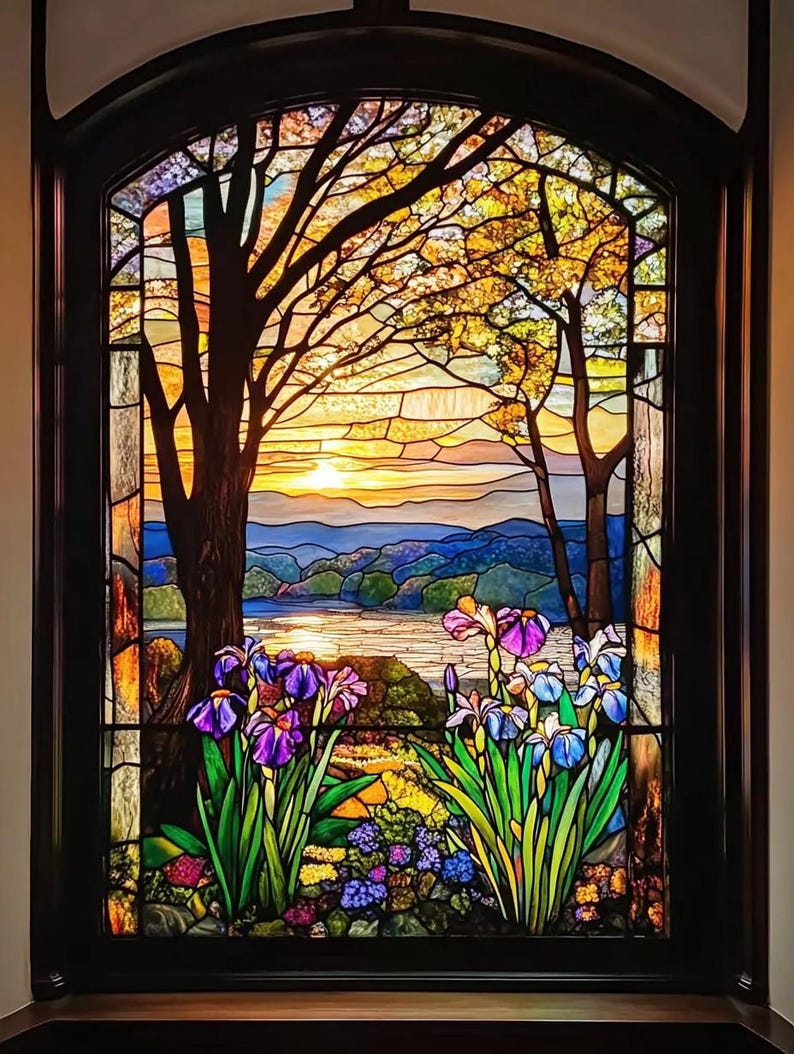Custom Size Nature Landscape Stained Glass Privacy Film Elegant Trees ...