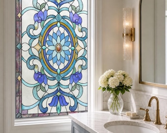 Blue and Purple Art Nouveau Static Cling Window Film, Floral Oval Custom Size Available