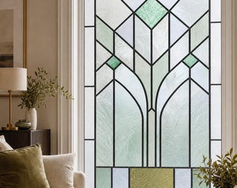 Green Geometric Art Deco Window Film, Custom Size Stained Glass Effect Static Cling for Privacy