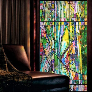 Custom Size Stained Glass Vinly Window Film Frosted Vintage Vivid Blocks for Bathroom Kitchen Privacy Window Foil No Adhesive Home Decor