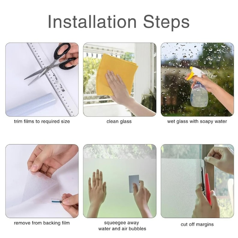 May include: Installation steps for applying a window film. The steps include trimming the film to size, cleaning the glass, wetting the glass with soapy water, removing the backing film, using a squeegee to remove water and air bubbles, and cutting off the margins.