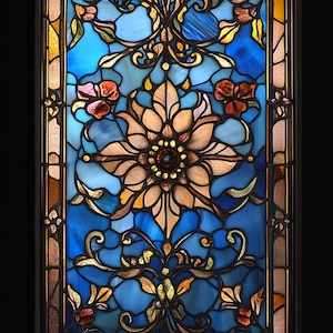 Custom Size Sophisticated Floral Stained Glass Window Film Elegant Blue and Amber Design for Home Privacy and Stunning Window Decor