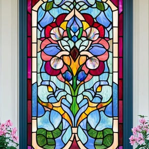 Custom Size Vintage Floral Stained Glass Window Film Colorful Art Nouveau Static Cling Privacy Sticker for Living Room or Sunroom