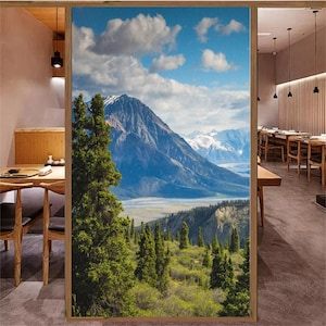 Custom Size Static Cling Privacy Window Film Heat Control UV Blocking with Natural Mountain Scenery Frosted Glass Sticker