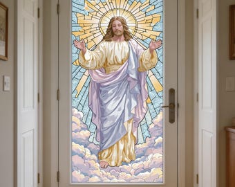 Custom Size Jesus Resurrection Stained Glass Window Privacy Film with Radiant Halo Heavenly Clouds and Christian Door Decor