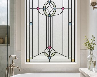Green Frosted Art Deco Static Cling Window Film, Custom Size Stained Glass Effect for Bathroom or Door