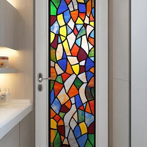 Custom Size Rainbow Mosaic Window Cling Abstract Stained Glass Privacy Film for Bathroom Door Home Decor Static Cling Window Covering