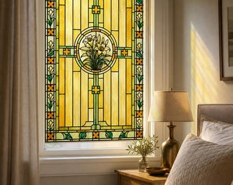 Add Privacy with Yellow Lily Medallion Stained Glass Effect Film, Custom Size Available