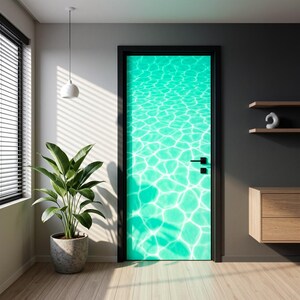 May include: A rectangular door featuring a vibrant turquoise water surface pattern with white light reflections. The door has a black frame and a black horizontal handle. The design mimics the appearance of a swimming pool floor.