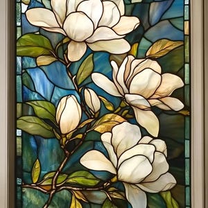 Custom Size White Magnolia Stained Glass Window Cling Classic Floral Window Film for Sunlit Spaces, Privacy Decoration for Living Room