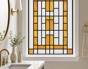 Rectangular Grid Art Deco Static Cling Window Film in Amber, Custom Size Available