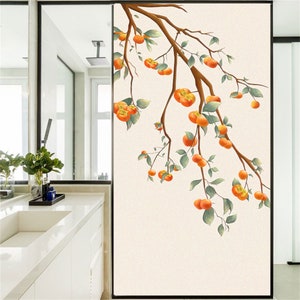 Frosted Custom Size Stained Glass Window Film Persimmon Fruits Art Privacy Protection No Glue Easy Installation Home Decor Bathroom