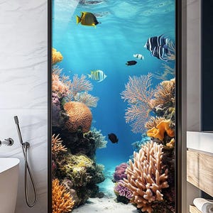 Custom Size Aquatic Stained Glass Window Film Vibrant Coral Reef and Tropical Fish DesignPrivacy Cling for Glass Doors and Windows