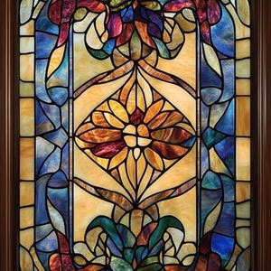 Custom Size Art Nouveau Stained Glass Window Privacy Film Vintage Floral Motif Static Cling for Home Bathroom or Balcony Glass Panels