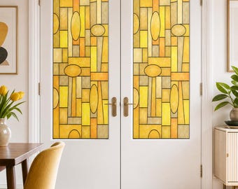 For Glass Doors: Golden Art Deco Ovals Printed Stained Glass Effect Film, Custom Size
